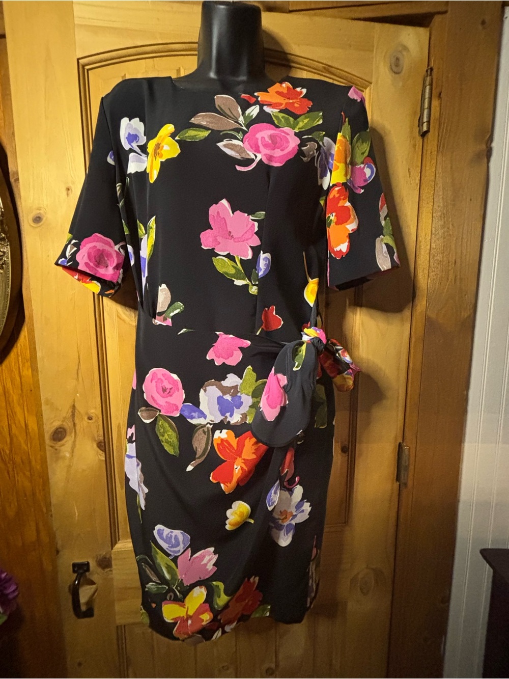 Black Floral Tie-Waist Midi Dress